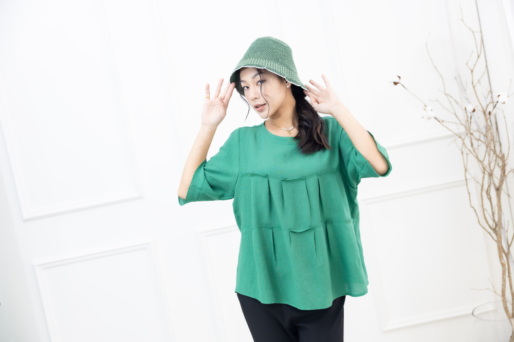 긴팔 2層拼接七分袖上衣 / 綠色