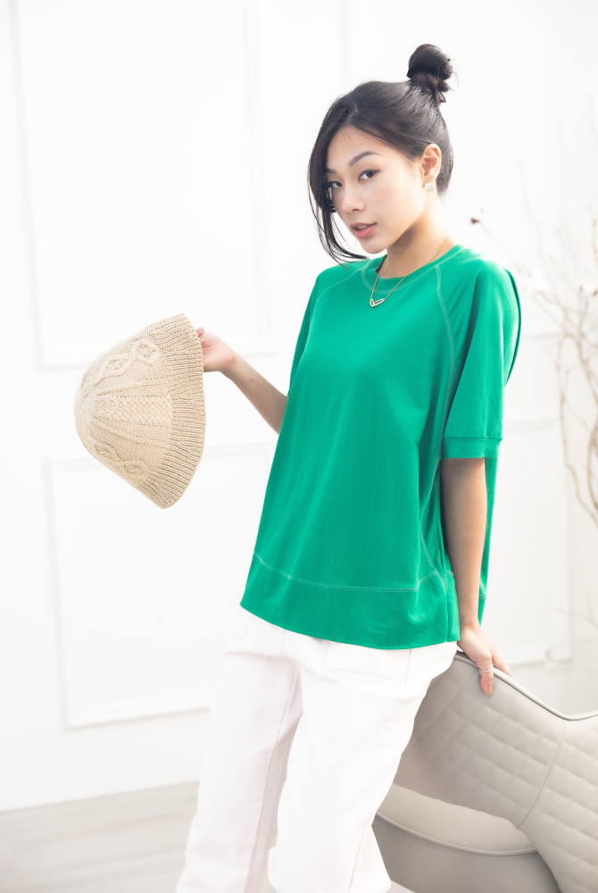 긴팔 素色圓領短袖上衣 / 綠色