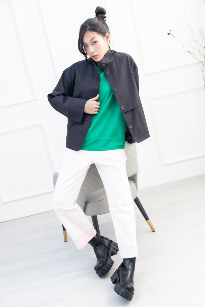 긴팔 素色圓領短袖上衣 / 綠色