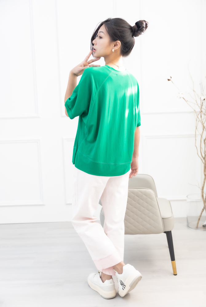 긴팔 素色圓領短袖上衣 / 綠色