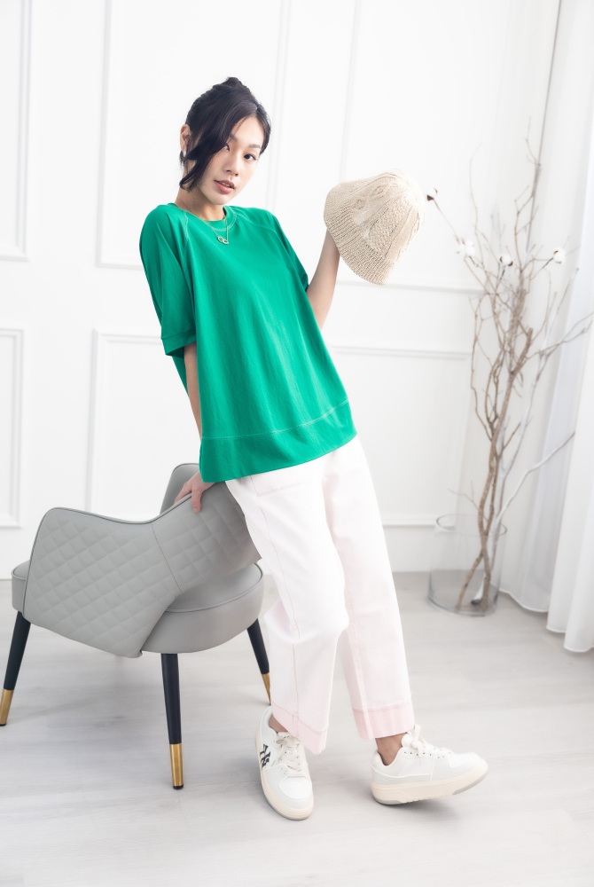 긴팔 素色圓領短袖上衣 / 綠色