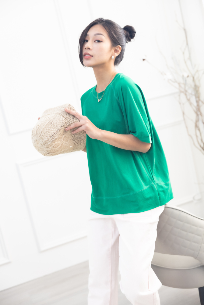 긴팔 素色圓領短袖上衣 / 綠色