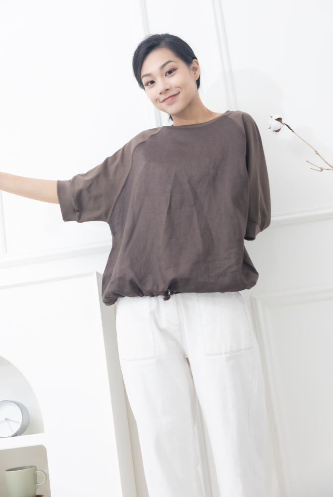 반팔 前後異材質衣襬抽繩短袖上衣 / 咖啡色