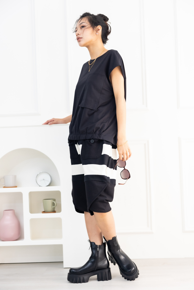 긴 바지 米色橫色塊七分褲 / 黑色