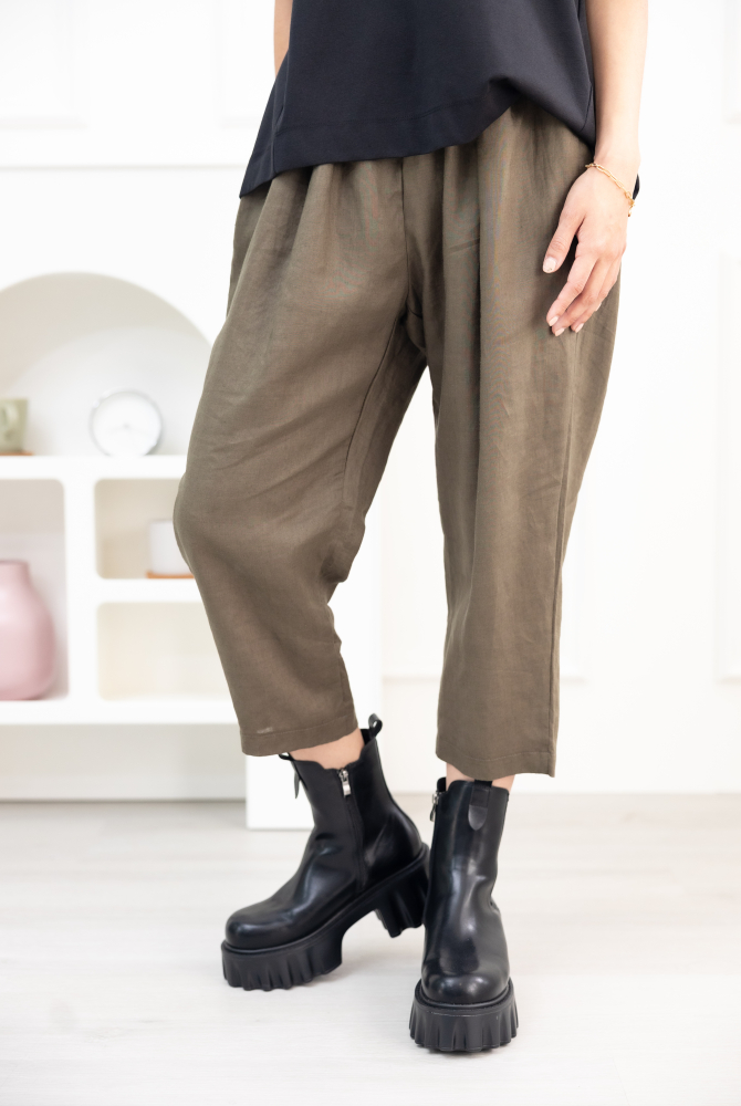 긴 바지 寬鬆麻質長褲 / 墨綠色