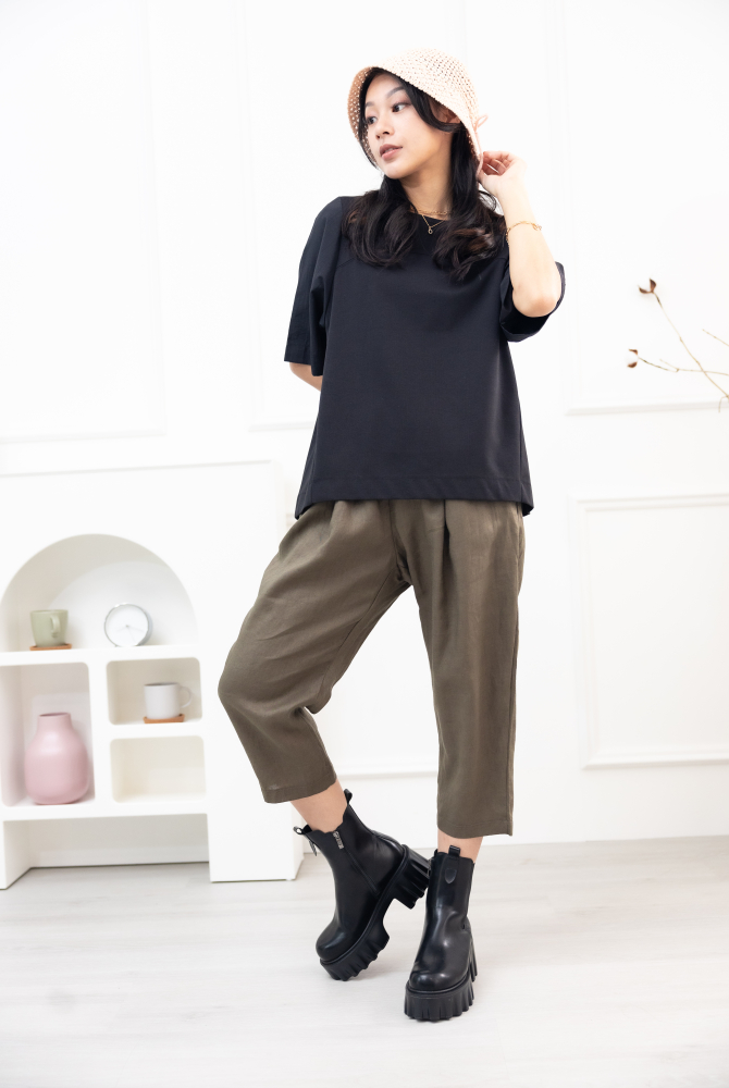 긴 바지 寬鬆麻質長褲 / 墨綠色