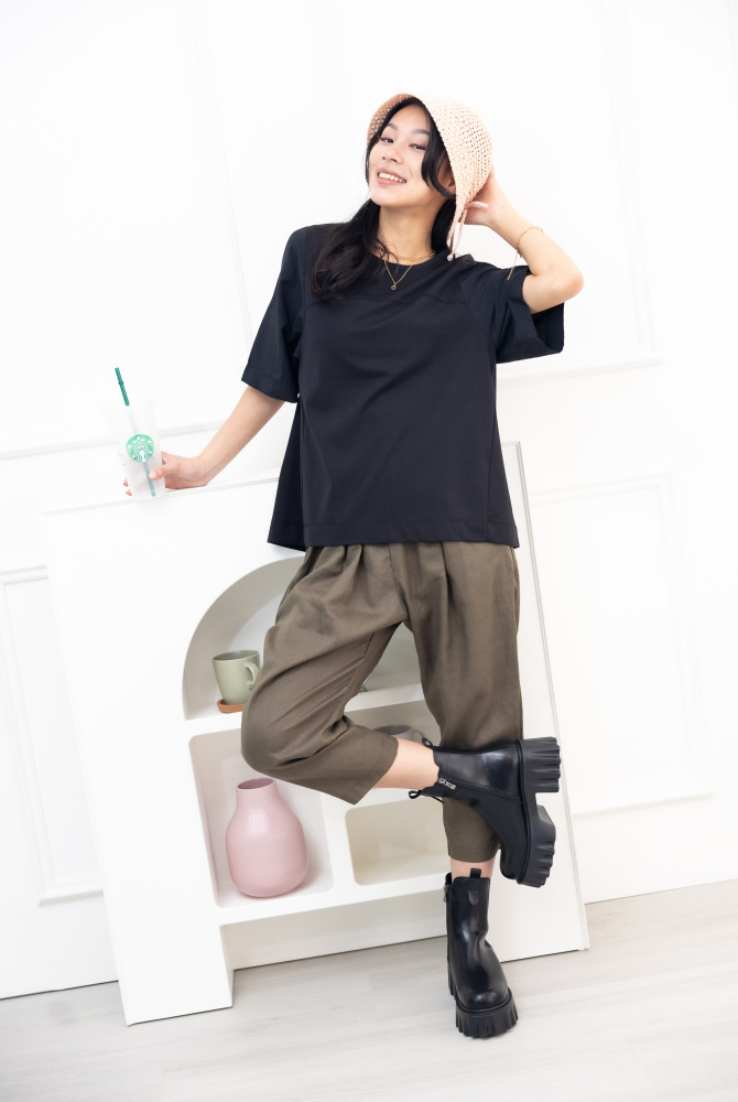 긴 바지 寬鬆麻質長褲 / 墨綠色