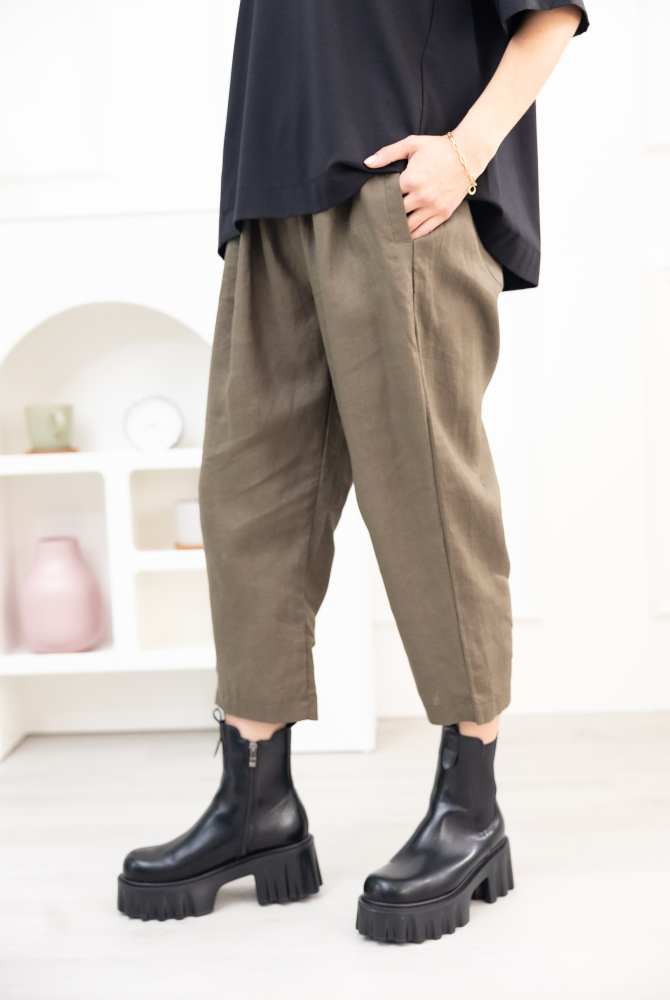 긴 바지 寬鬆麻質長褲 / 墨綠色