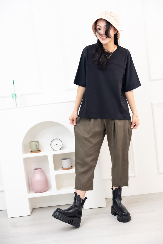 긴 바지 寬鬆麻質長褲 / 墨綠色