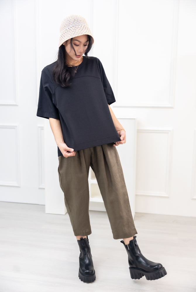 긴 바지 寬鬆麻質長褲 / 墨綠色