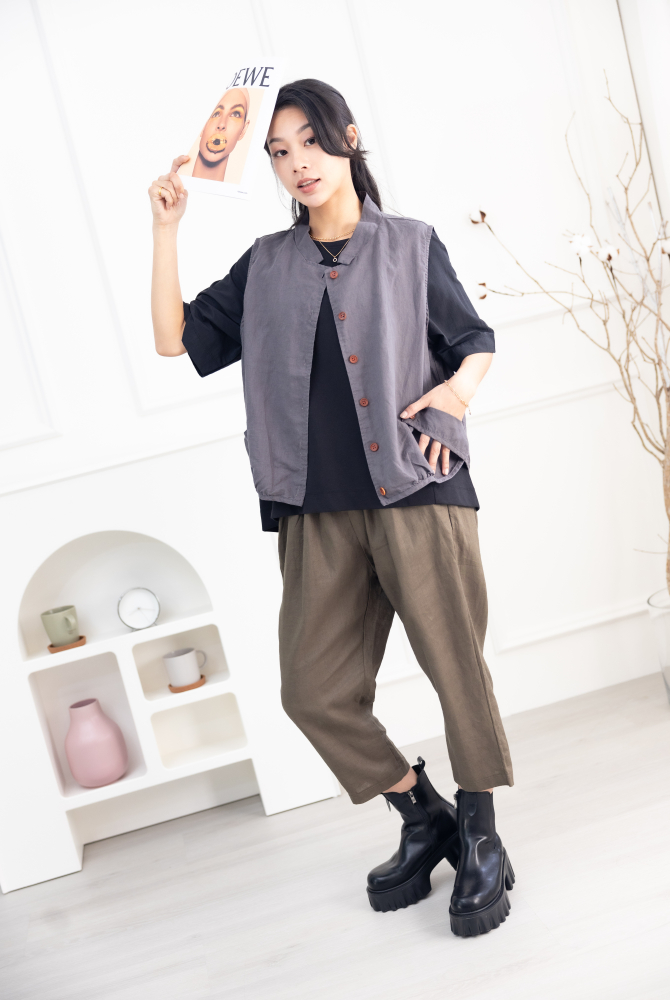 긴 바지 寬鬆麻質長褲 / 墨綠色