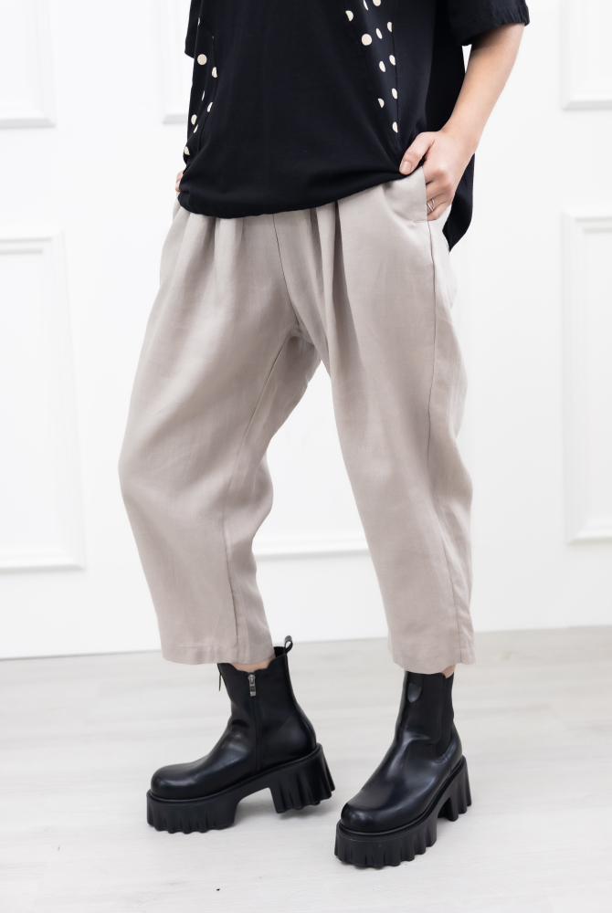 긴 바지 寬鬆麻質長褲 / 米灰色