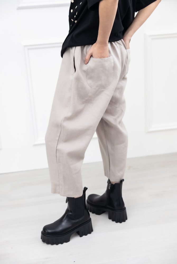 긴 바지 寬鬆麻質長褲 / 米灰色