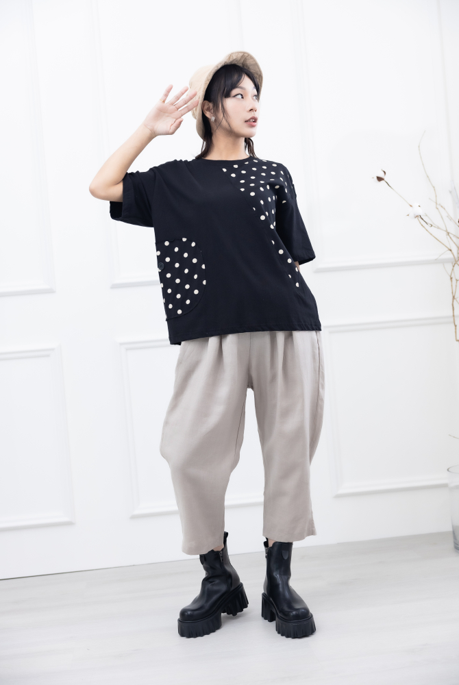 긴 바지 寬鬆麻質長褲 / 米灰色