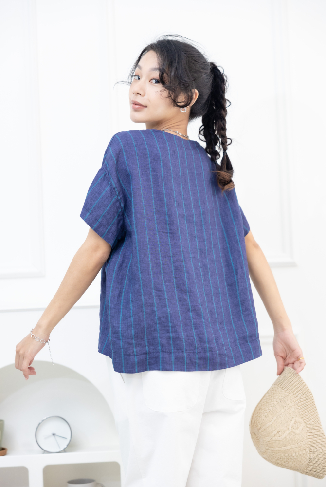 반팔 綠直條紋短袖上衣 / 藍紫色