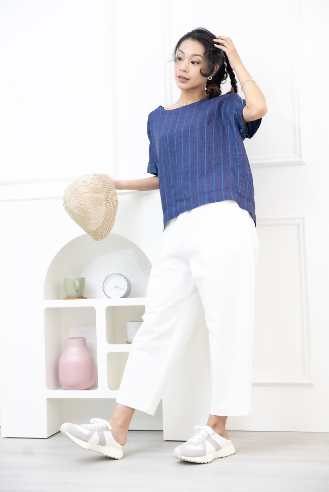 반팔 綠直條紋短袖上衣 / 藍紫色