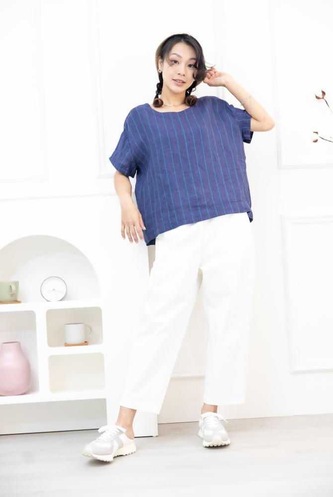 반팔 綠直條紋短袖上衣 / 藍紫色