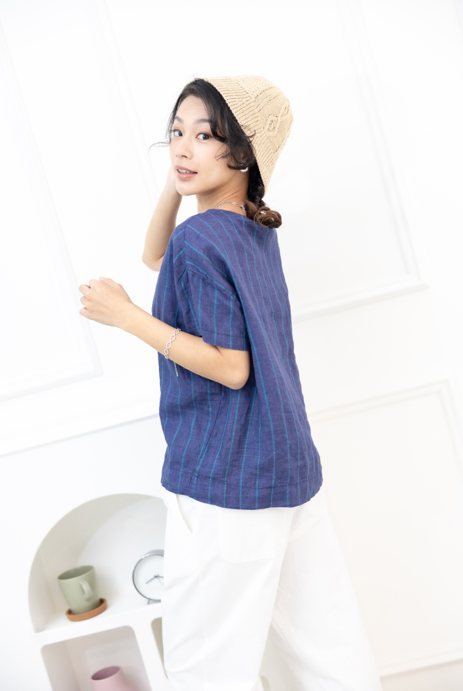 반팔 綠直條紋短袖上衣 / 藍紫色