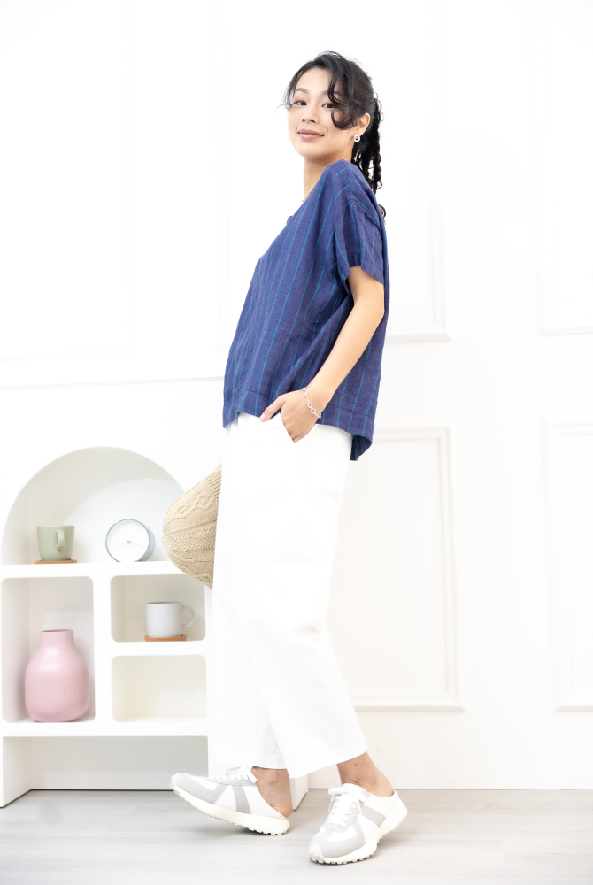 반팔 綠直條紋短袖上衣 / 藍紫色