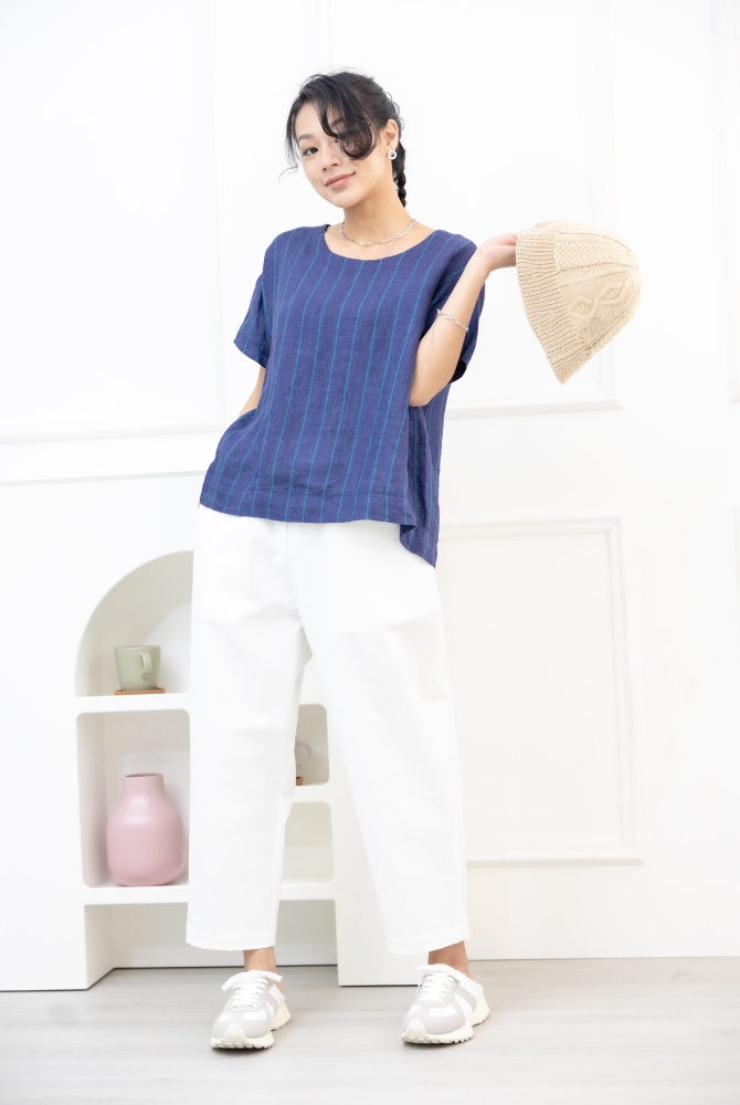 반팔 綠直條紋短袖上衣 / 藍紫色