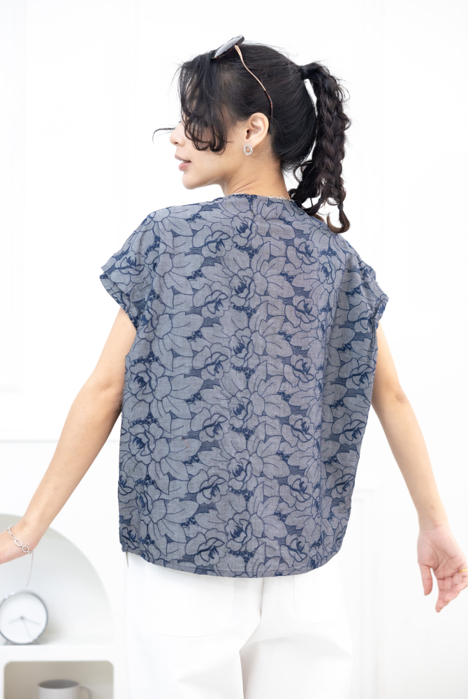 반팔 藍色繡花短袖上衣 / 灰色