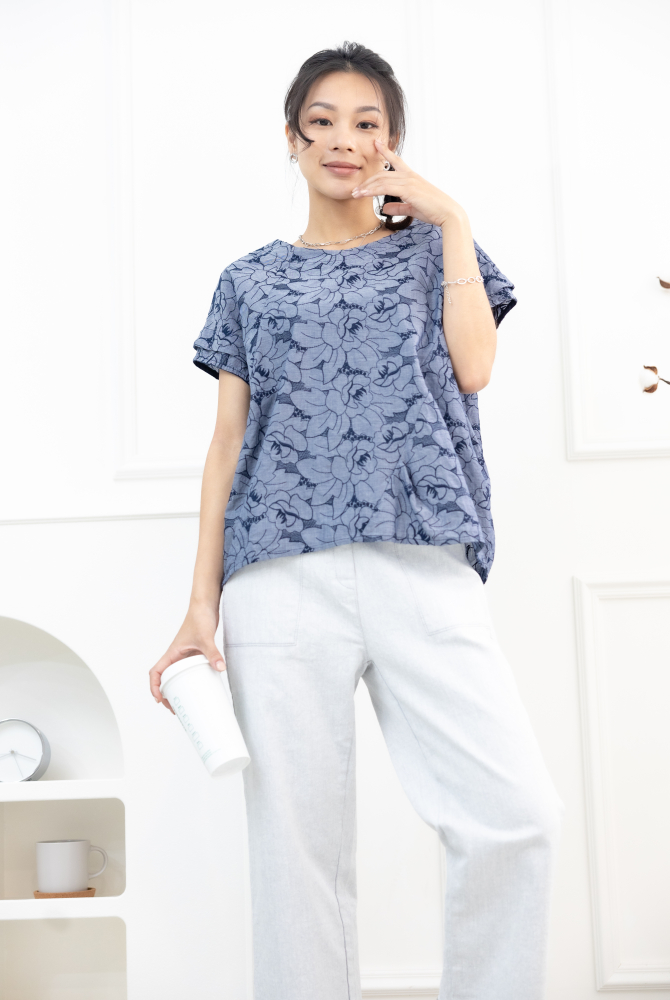 반팔 藍色繡花短袖上衣 / 牛仔藍色