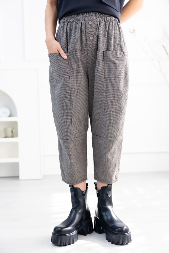 긴 바지 千鳥格子七分褲 /卡其+灰細