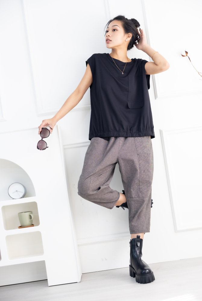 긴 바지 千鳥格子七分褲 /卡其+灰細