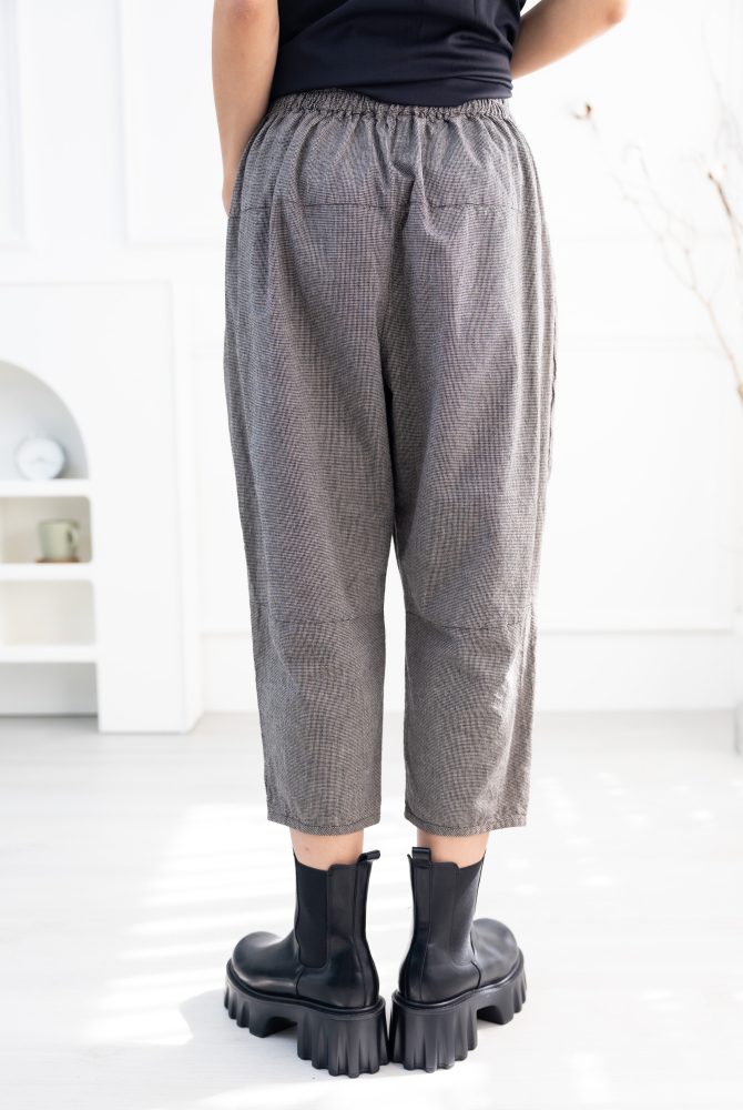 긴 바지 千鳥格子七分褲 /卡其+灰細