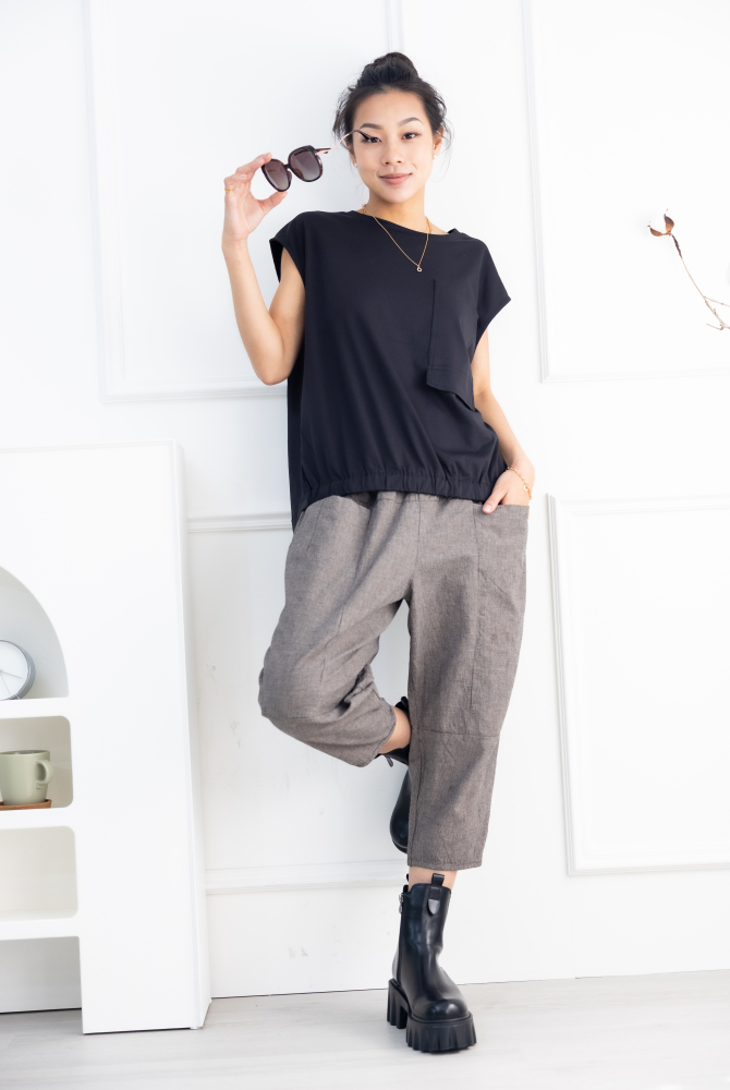 긴 바지 千鳥格子七分褲 /卡其+灰細