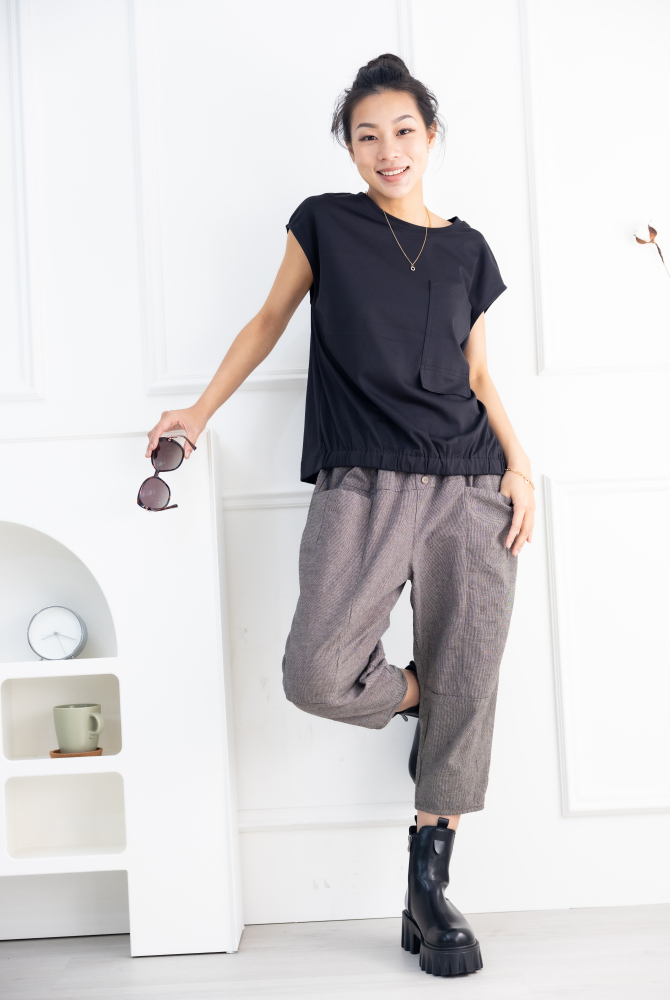 긴 바지 千鳥格子七分褲 /卡其+灰細