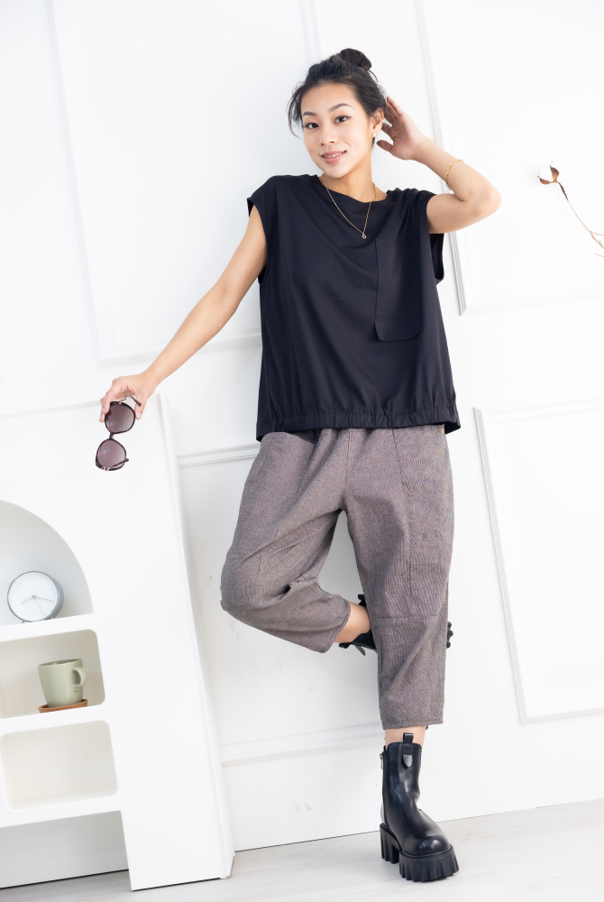 긴 바지 千鳥格子七分褲 /卡其+灰細