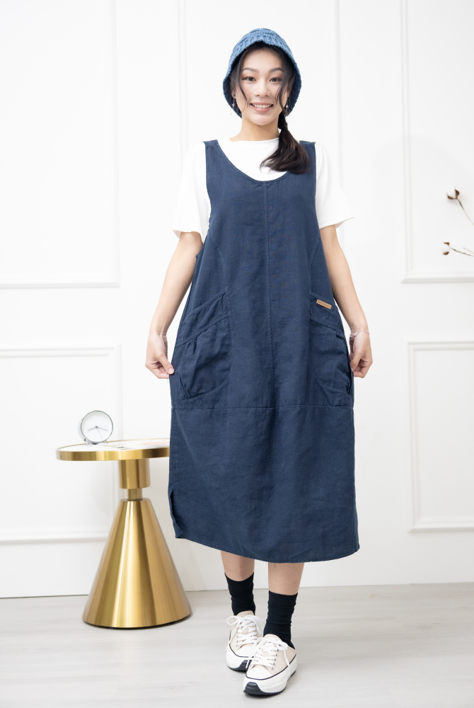 원피스 抓皺口袋背心洋裝 / 深藍色