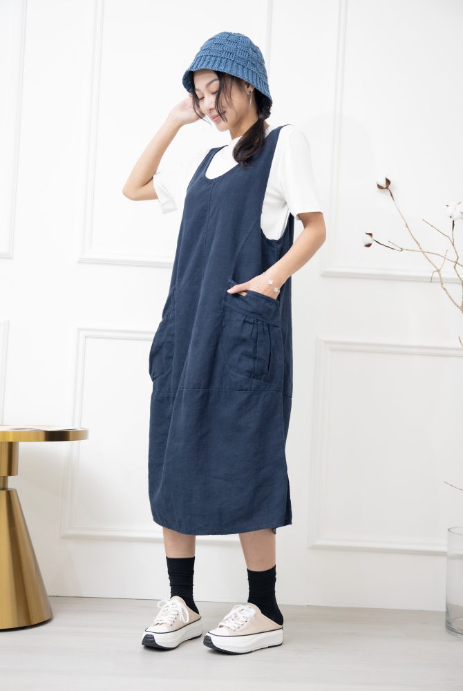 원피스 抓皺口袋背心洋裝 / 深藍色