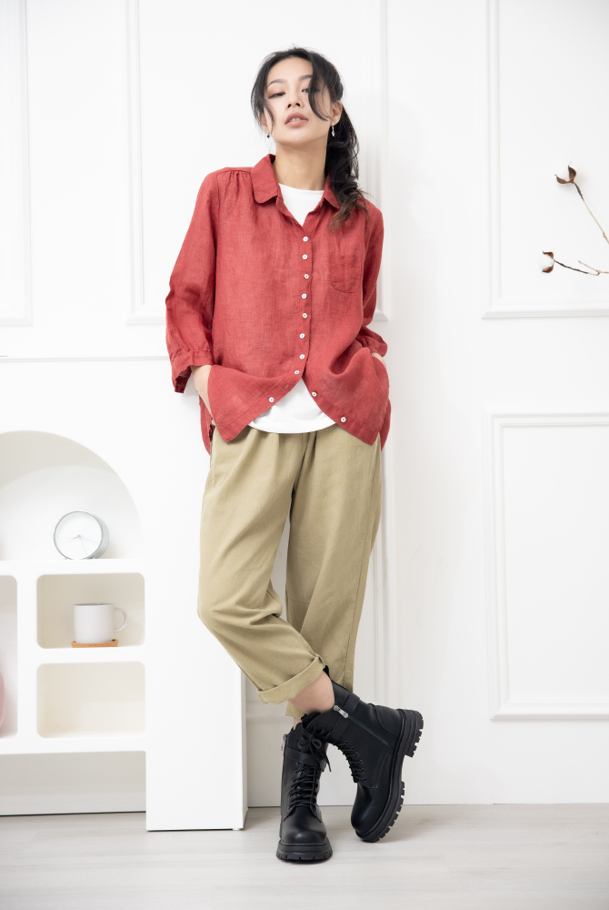 긴 바지 寬鬆緊帶抽繩長褲 /卡其色