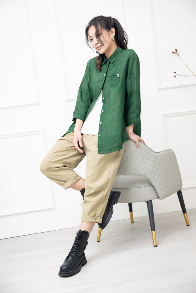 긴 바지 寬鬆緊帶抽繩長褲 /卡其色