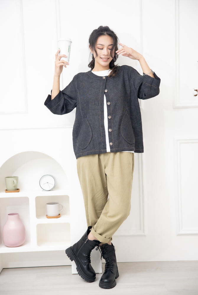 긴 바지 寬鬆緊帶抽繩長褲 /卡其色