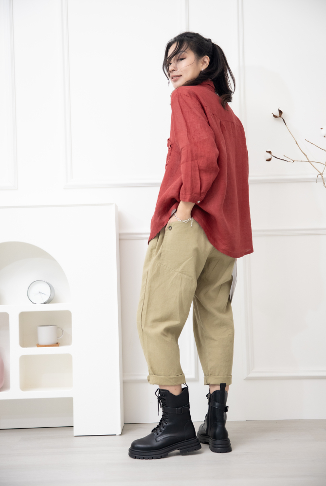 긴 바지 寬鬆緊帶抽繩長褲 /卡其色