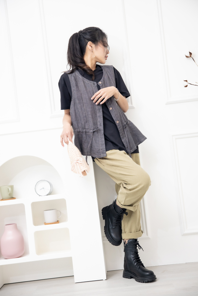 긴 바지 寬鬆緊帶抽繩長褲 /卡其色