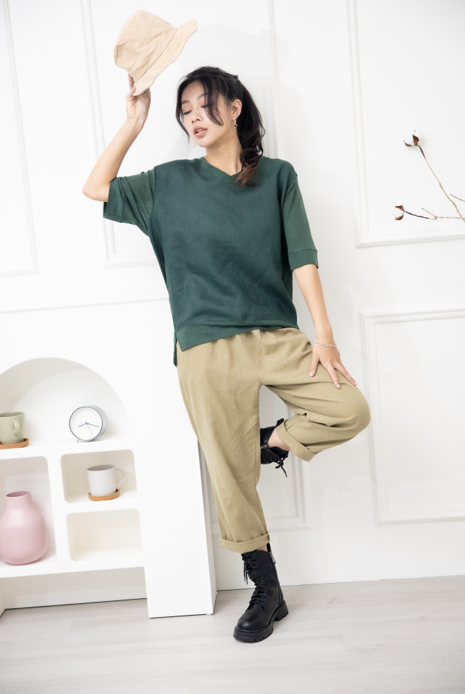 긴 바지 寬鬆緊帶抽繩長褲 /卡其色