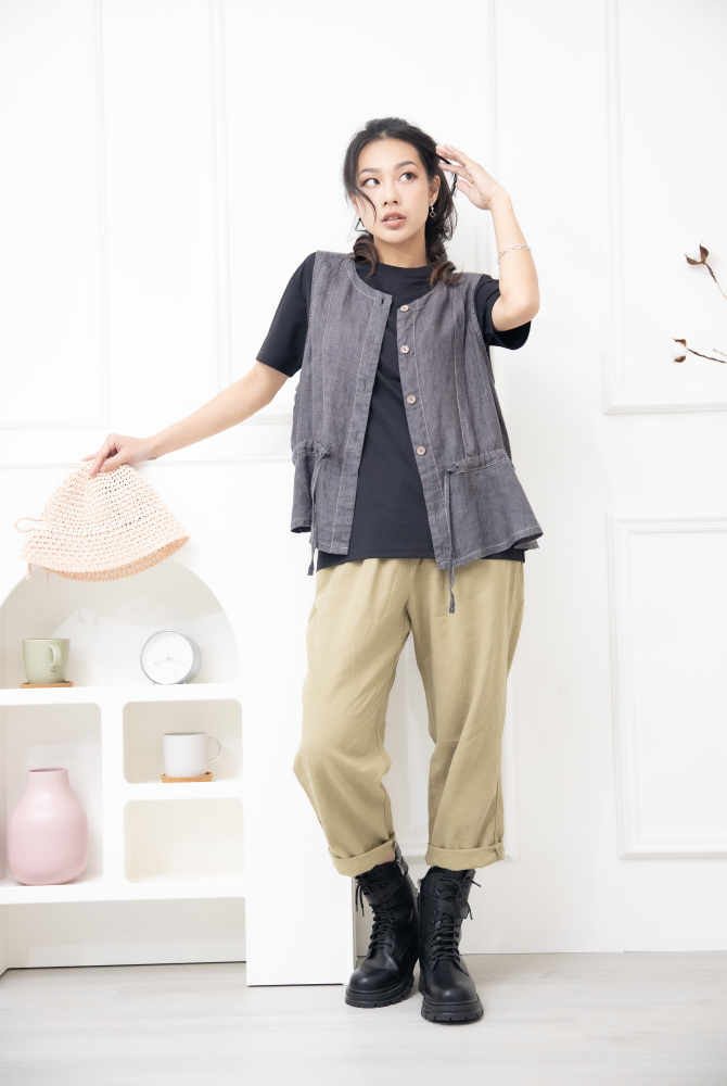 긴 바지 寬鬆緊帶抽繩長褲 /卡其色