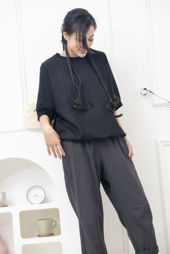 긴 바지 寬鬆緊帶抽繩長褲 /黑灰色