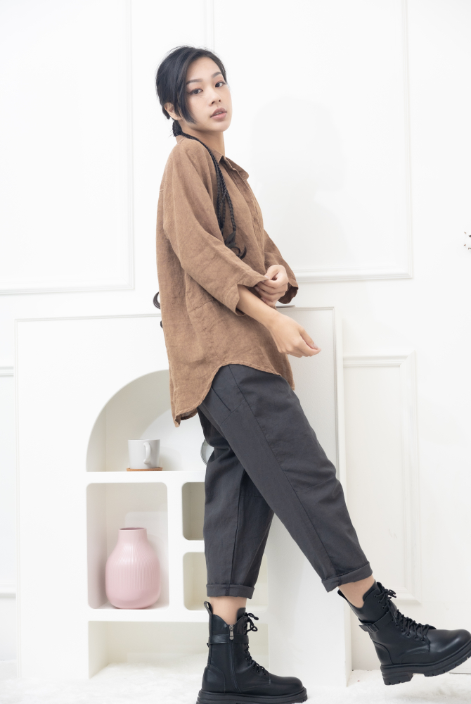 긴 바지 寬鬆緊帶抽繩長褲 /黑灰色