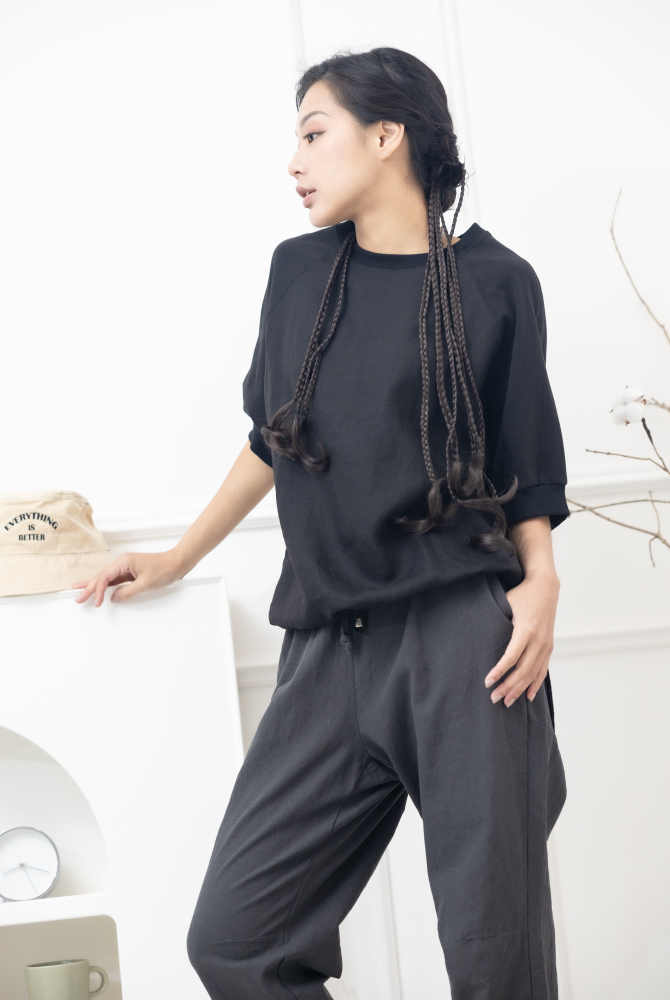 긴 바지 寬鬆緊帶抽繩長褲 /黑灰色