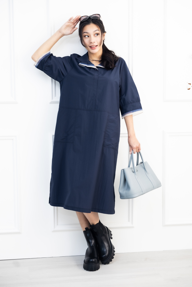 원피스 造型領六分袖洋裝 / 深藍色