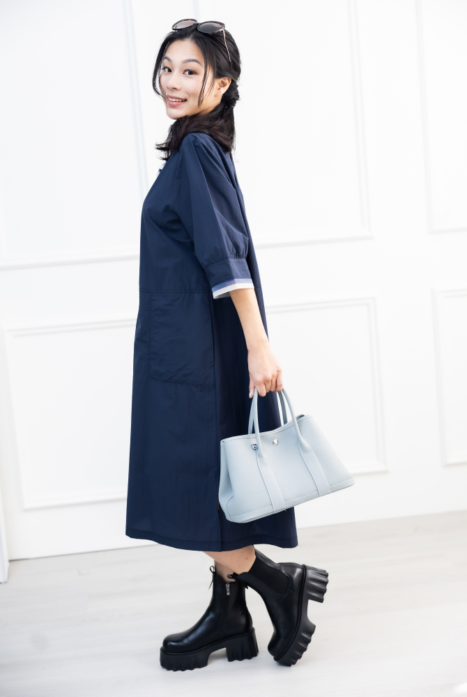 원피스 造型領六分袖洋裝 / 深藍色