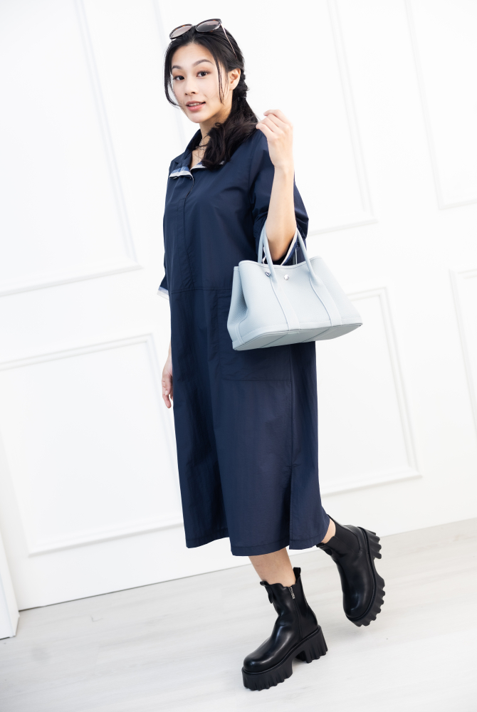 원피스 造型領六分袖洋裝 / 深藍色