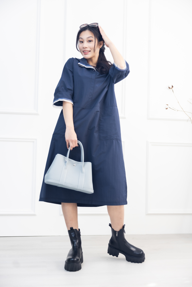 원피스 造型領六分袖洋裝 / 深藍色