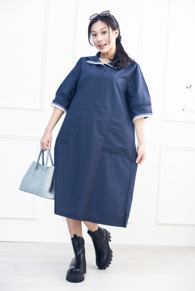 원피스 造型領六分袖洋裝 / 深藍色
