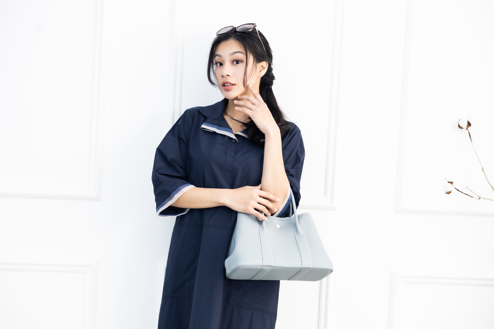 원피스 造型領六分袖洋裝 / 深藍色